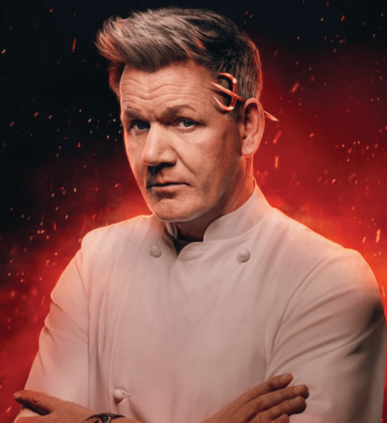 Gordon Ramsay in a white coat stands with arms folded, stern expression, fiery red background, spatula in hair.