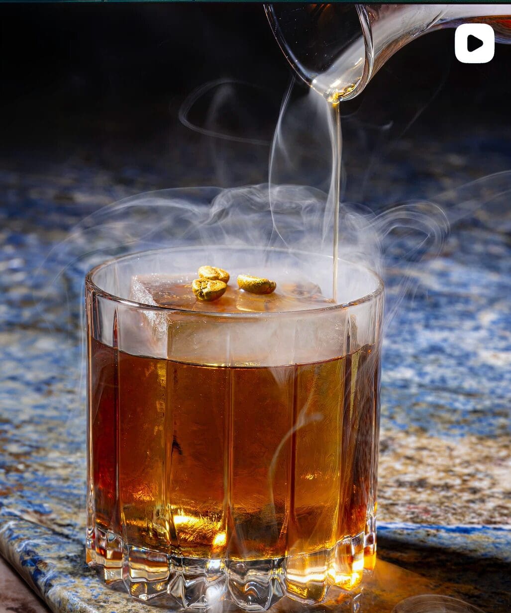A smoky cocktail in a glass with large ice, being poured, garnished with two golden seeds.