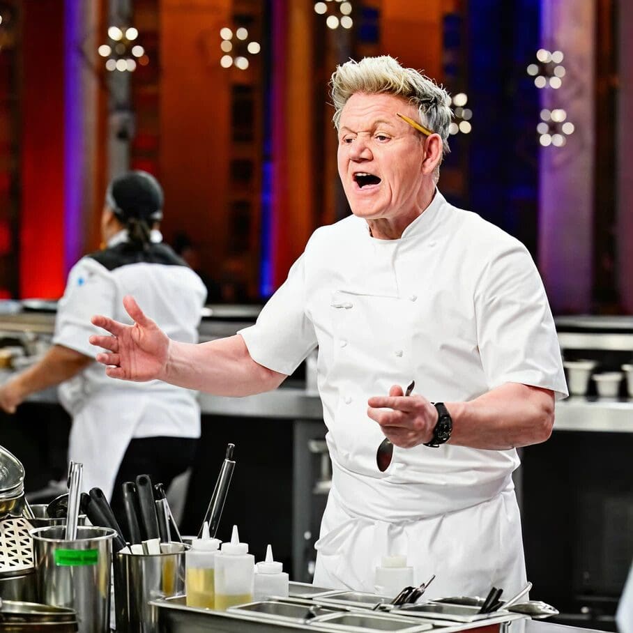 Gordon Ramsay in a white coat gestures and shouts in a busy, brightly lit kitchen.