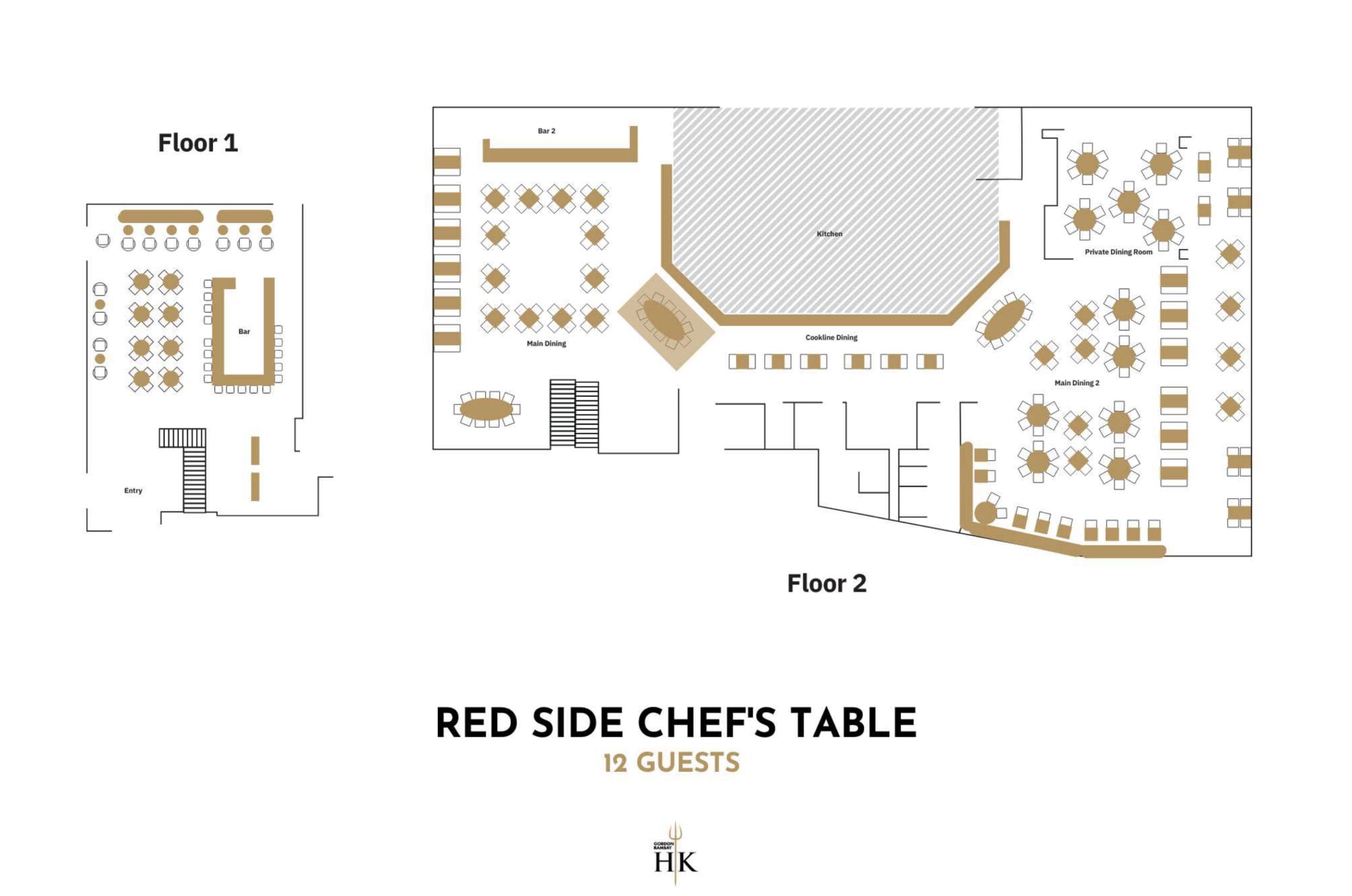 Floor plans of two restaurant storeys, highlighting Red Side Chef’s Table for 12 guests on Storey 2.