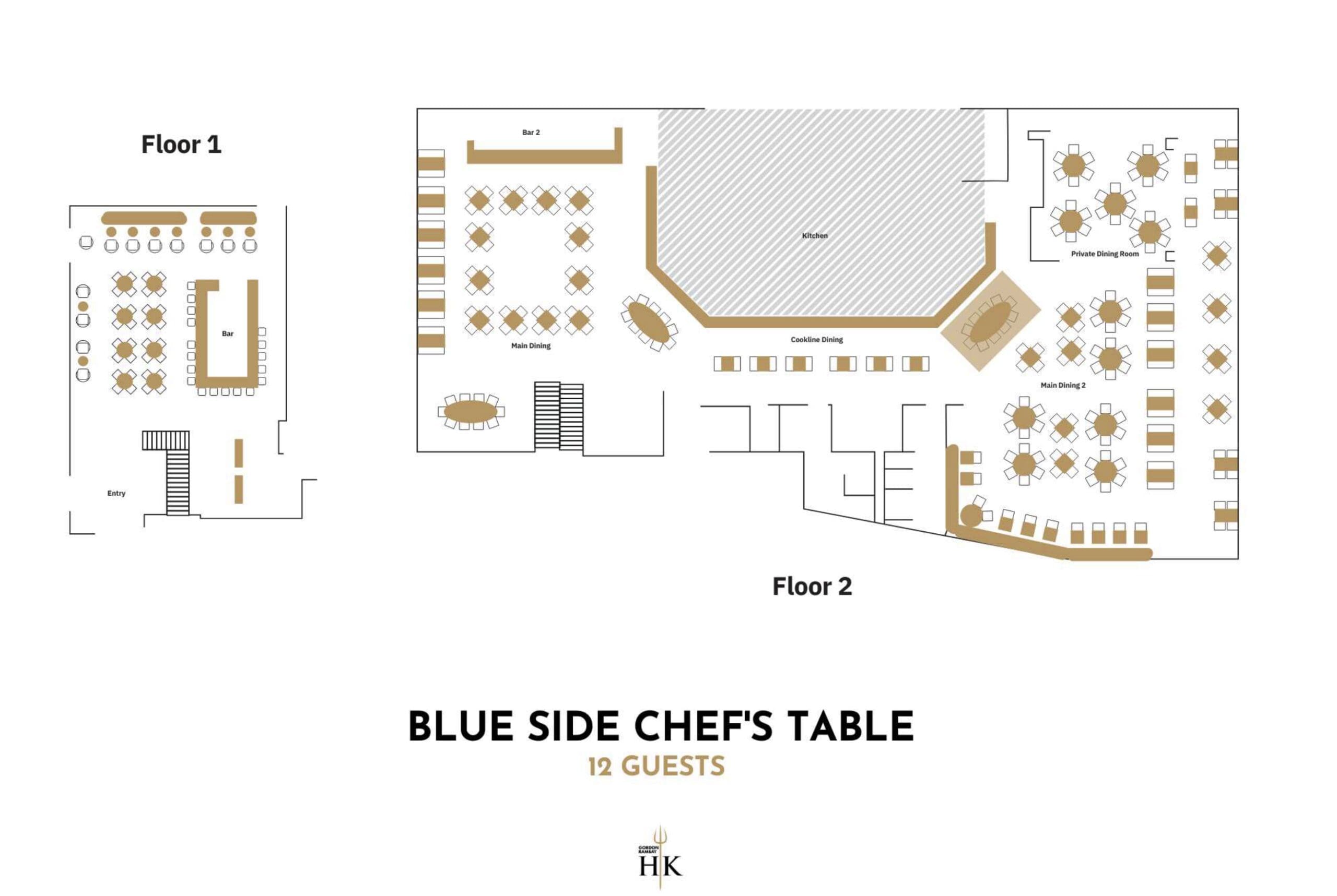 Restaurant floor plan labelled “Blue Side Chef’s Table, 12 guests,” showing seating and kitchen areas.